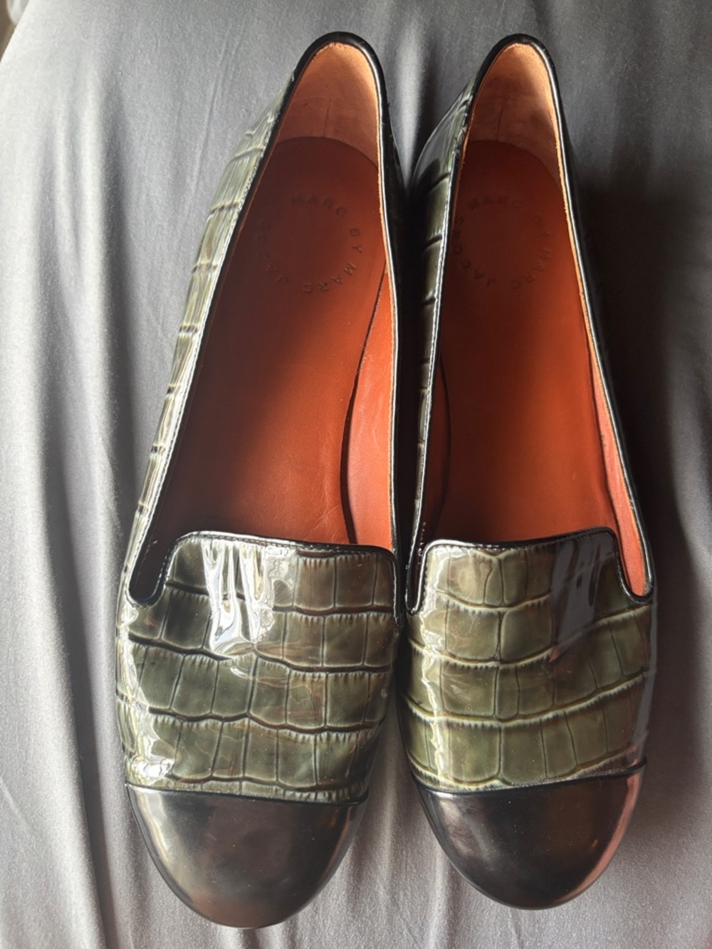 Marc Jacobs Olive Croc-Embossed Loafers with Black Toe Cap